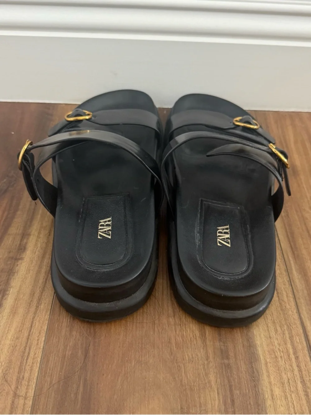 Zara Black Leather Double-Strap Buckle Sandals Size 37 US 6.5/7 - Worn Once - Picture 5 of 7